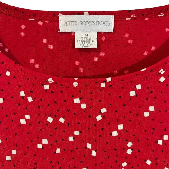 Petite Sophisticate Sleeveless Blouse Medium Confetti Spotted Red White Stretch - Picture 4 of 5